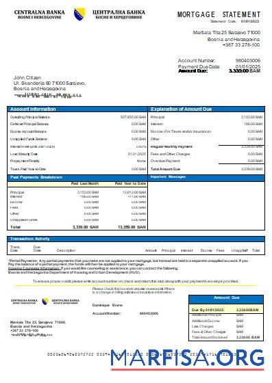 Blank Bosnia and Herzegovina Central Bank mortgage statement scr sample